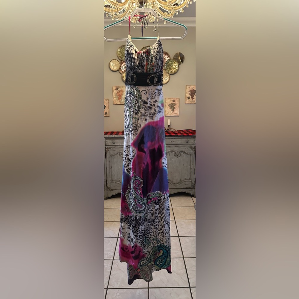 La Femme Multicolor Animal Print Prom Dress